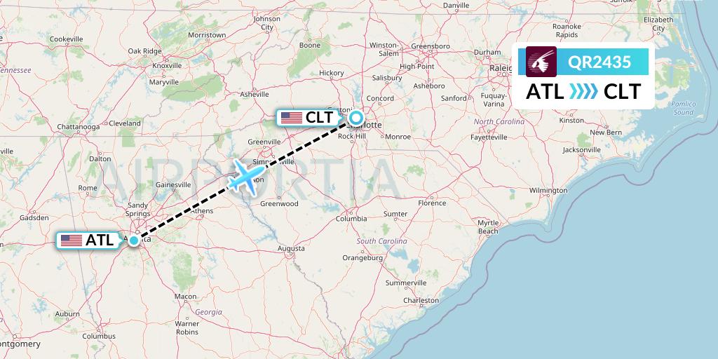 QR2435 Qatar Airways Flight Map: Atlanta to Charlotte