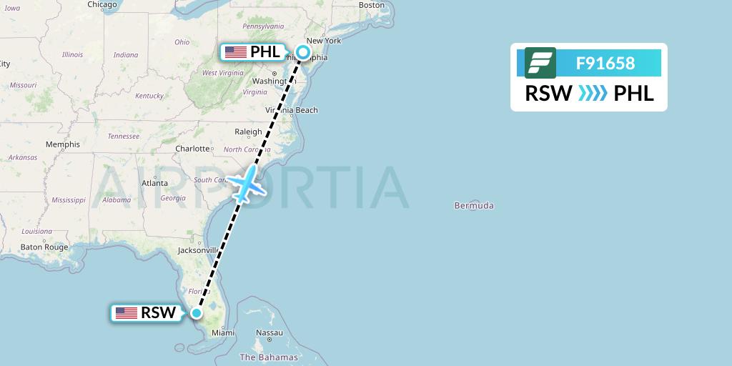 F91658 Frontier Airlines Flight Map: Fort Myers to Philadelphia