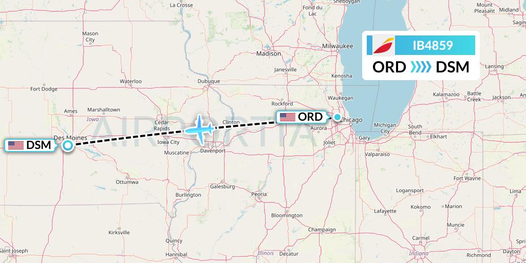 IB4859 Iberia Flight Map: Chicago to Des Moines