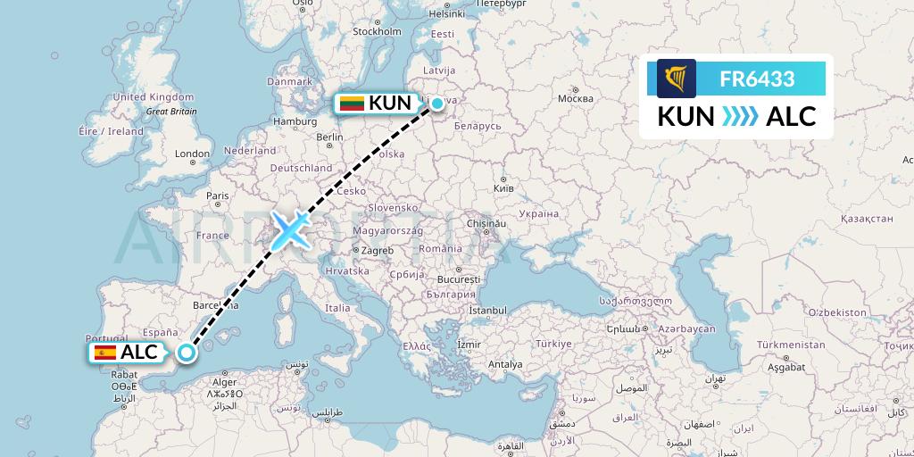 FR6433 Ryanair Flight Map: Kaunas to Alicante