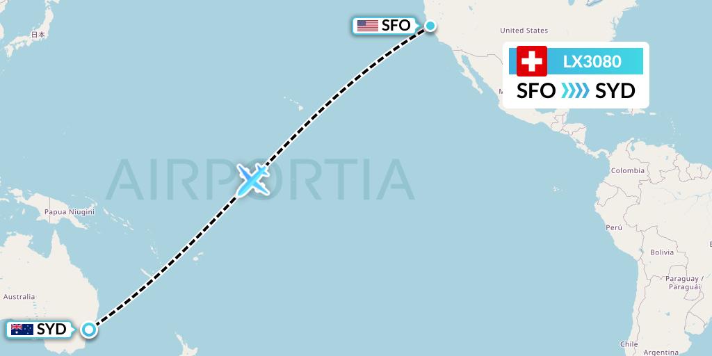 LX3080 Swiss Flight Map: San Francisco to Sydney