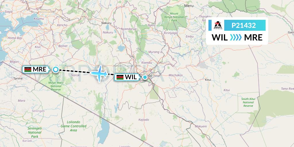 P21432 Airkenya Express Flight Map: Nairobi to Mara Lodges