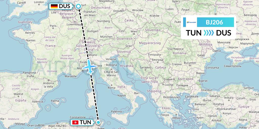 BJ206 Nouvelair Tunisie Flight Map: Tunis to Dusseldorf