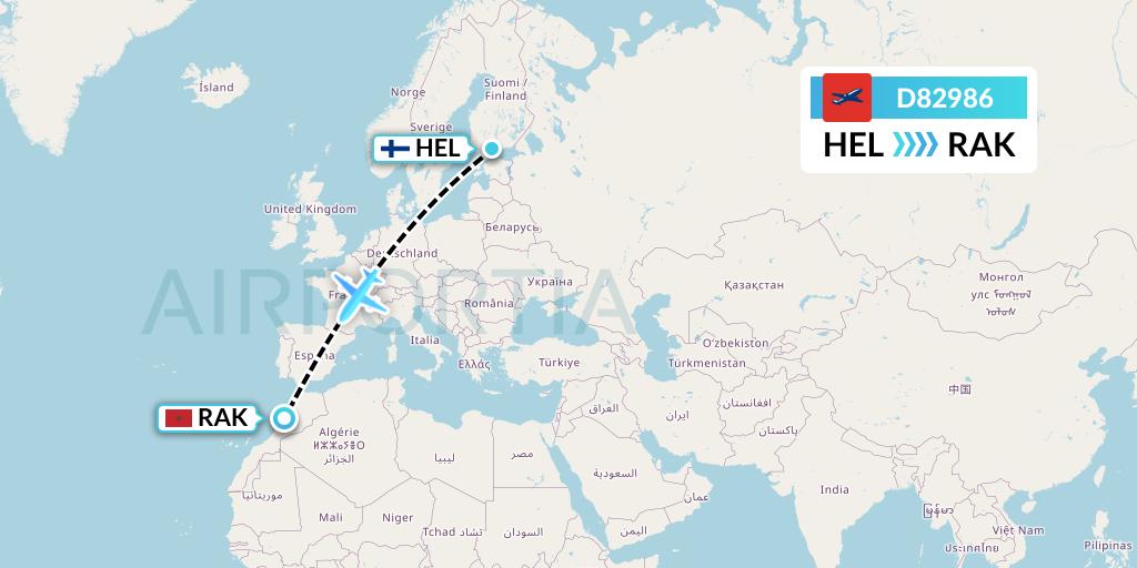 D82986 Norwegian Air International Flight Map: Helsinki to Marrakesh