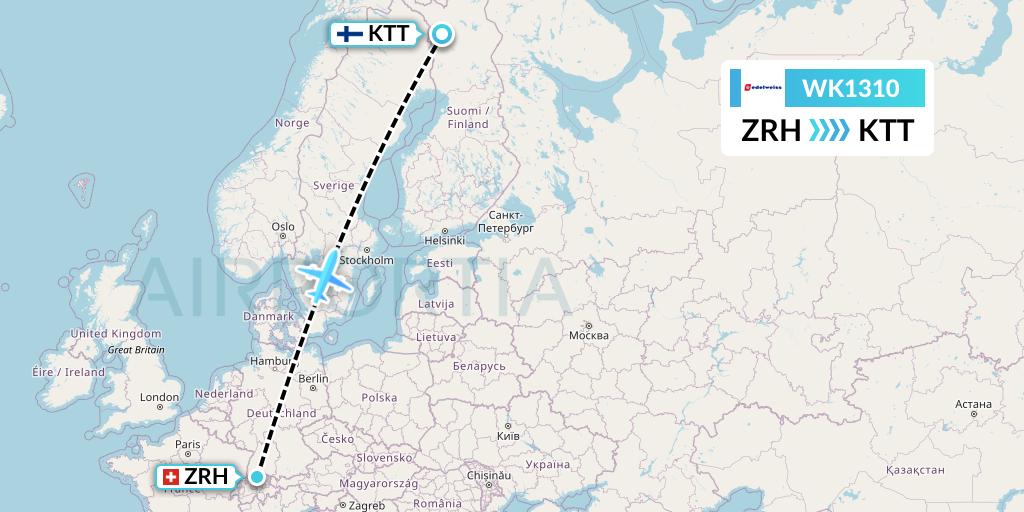 WK1310 Edelweiss Air Flight Map: Zurich to Kittila