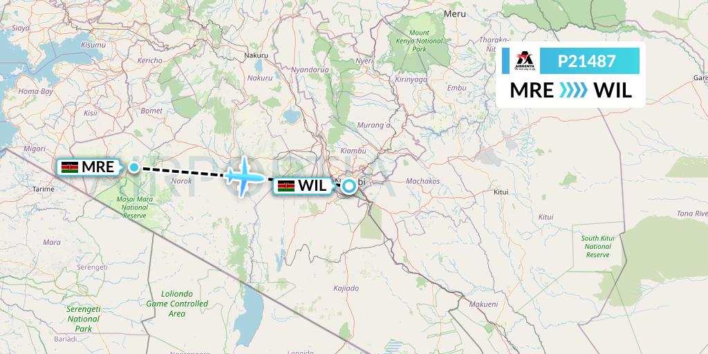 P21487 Airkenya Express Flight Map: Mara Lodges to Nairobi