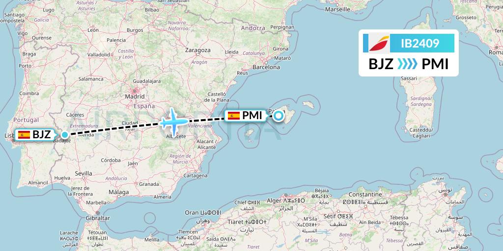 IB2409 Iberia Flight Map: Badajoz to Palma de Mallorca