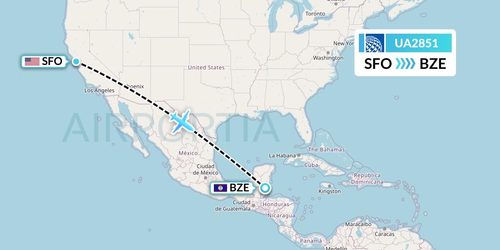 UA2851 United Airlines Flight Map: San Francisco to Belize City