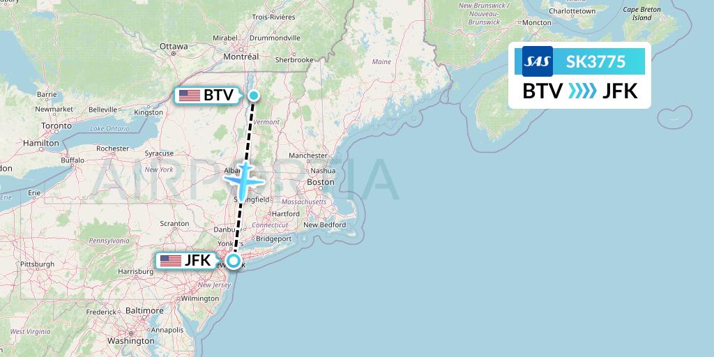 SK3775 SAS Flight Map: Burlington to New York