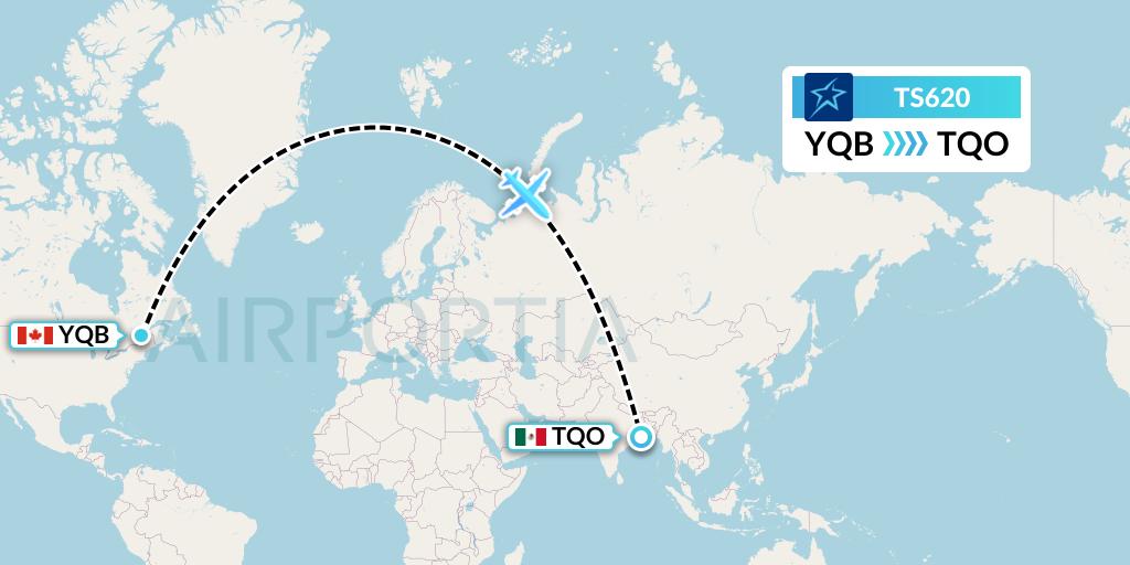 TS620 Air Transat Flight Map: Quebec to Tulum
