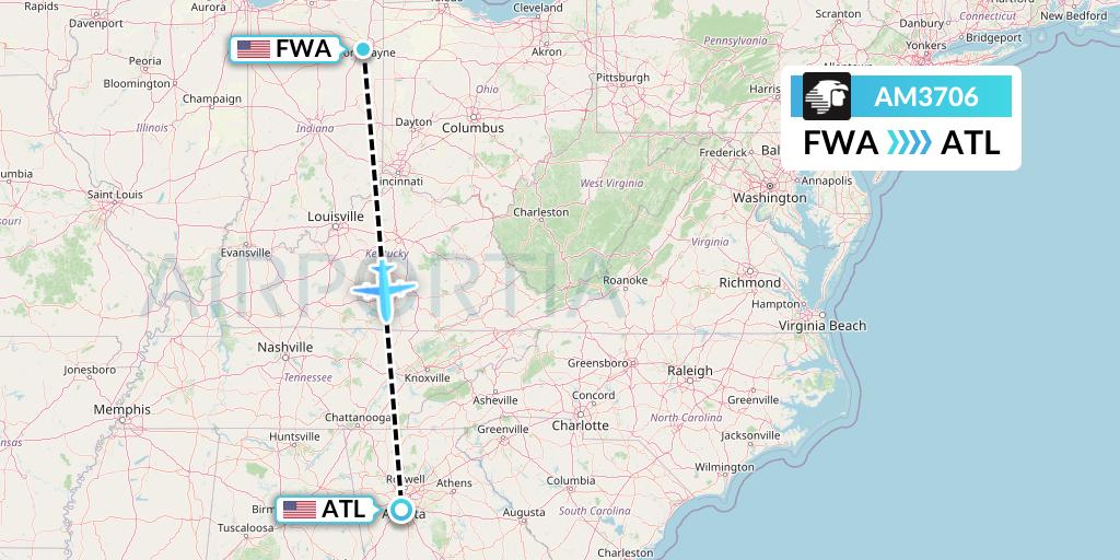 AM3706 Aeromexico Flight Map: Fort Wayne to Atlanta