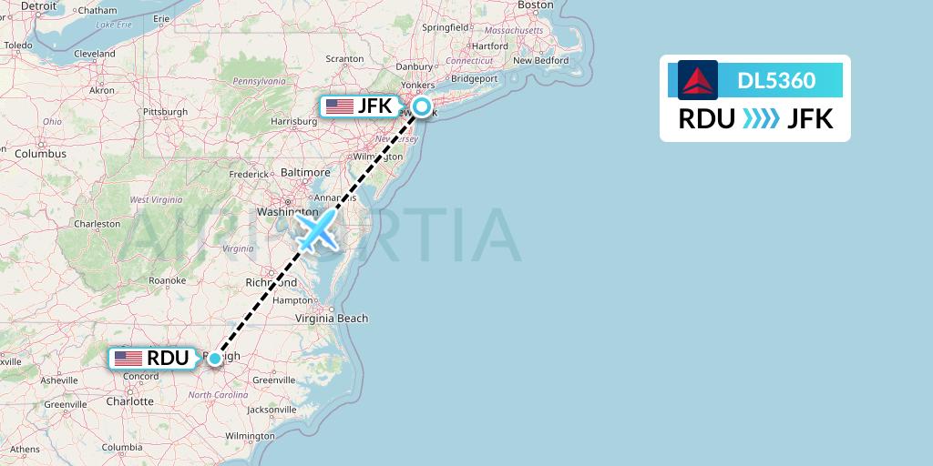 DL5360 Delta Air Lines Flight Map: Raleigh-Durham to New York