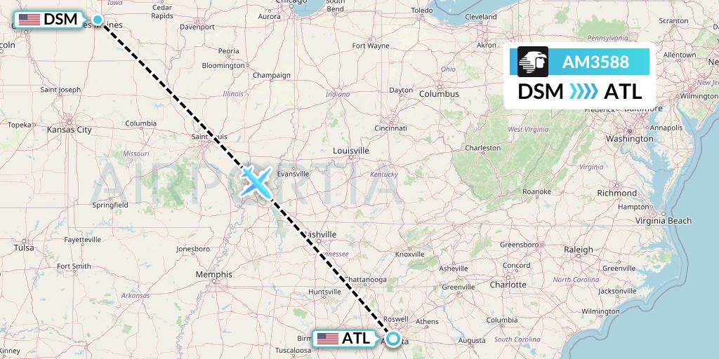AM3588 Aeromexico Flight Map: Des Moines to Atlanta