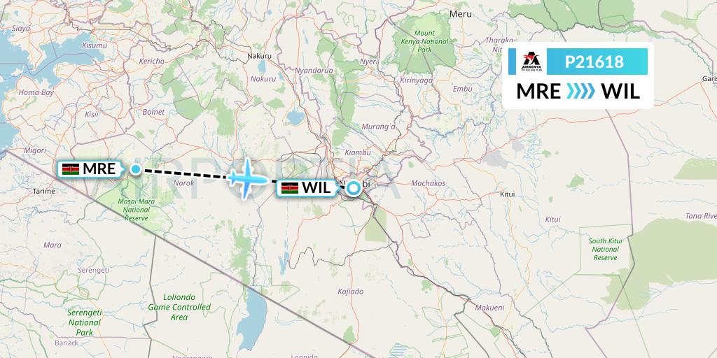 P21618 Airkenya Express Flight Map: Mara Lodges to Nairobi