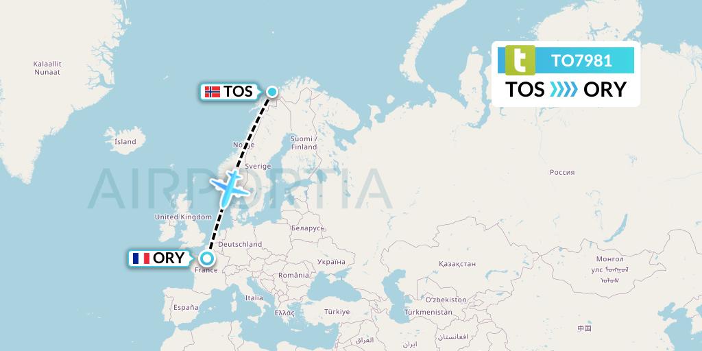 TO7981 Transavia France Flight Map: Tromso to Paris