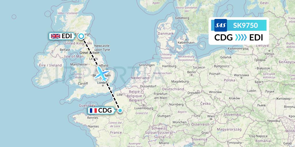 SK9750 SAS Flight Map: Paris to Edinburgh