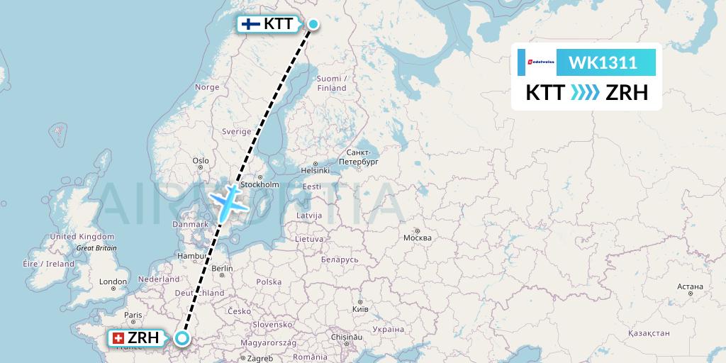 WK1311 Edelweiss Air Flight Map: Kittila to Zurich