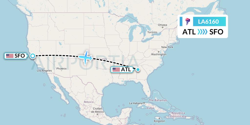 LA6160 LAN Airlines Flight Map: Atlanta to San Francisco