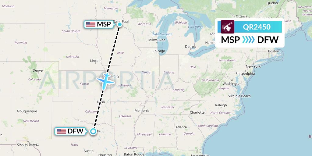 QR2450 Qatar Airways Flight Map: Minneapolis to Dallas