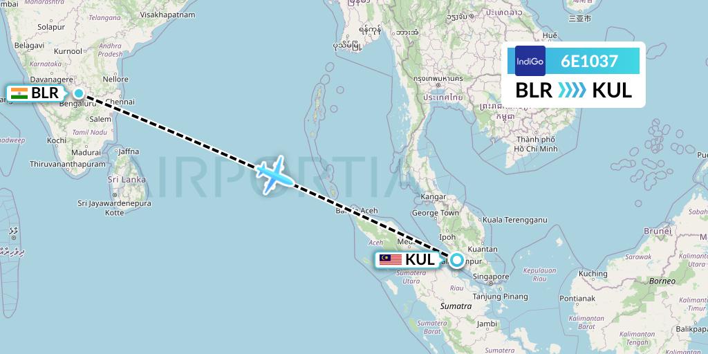 6E1037 IndiGo Airlines Flight Map: Bangalore to Kuala Lumpur