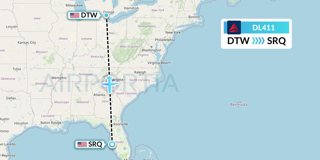 DL411 Delta Air Lines Flight Map: Detroit to Sarasota