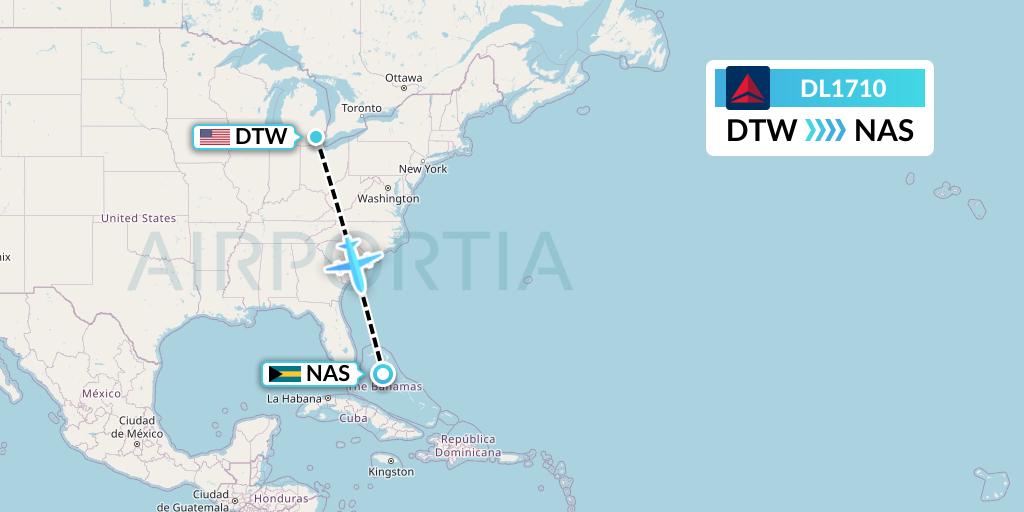 DL1710 Delta Air Lines Flight Map: Detroit to Nassau