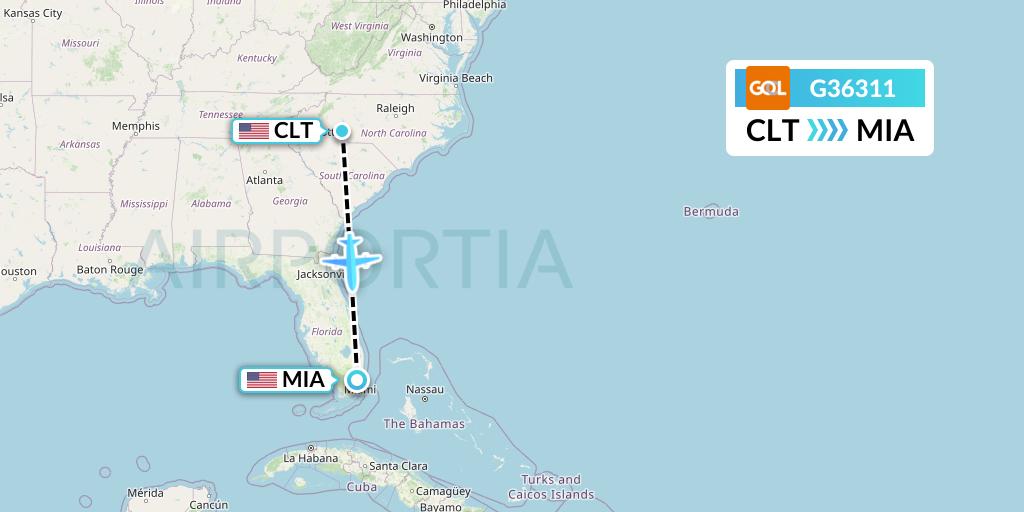 G36311 GOL Transportes Aeros Flight Map: Charlotte to Miami