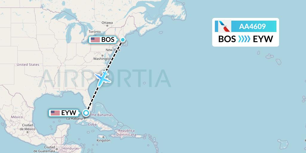 AA4609 American Airlines Flight Map: Boston to Key West