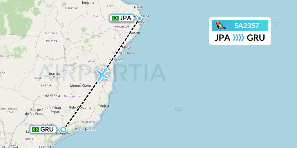 SA2357 South African Airways Flight Map: Joao Pessoa to Sao Paulo