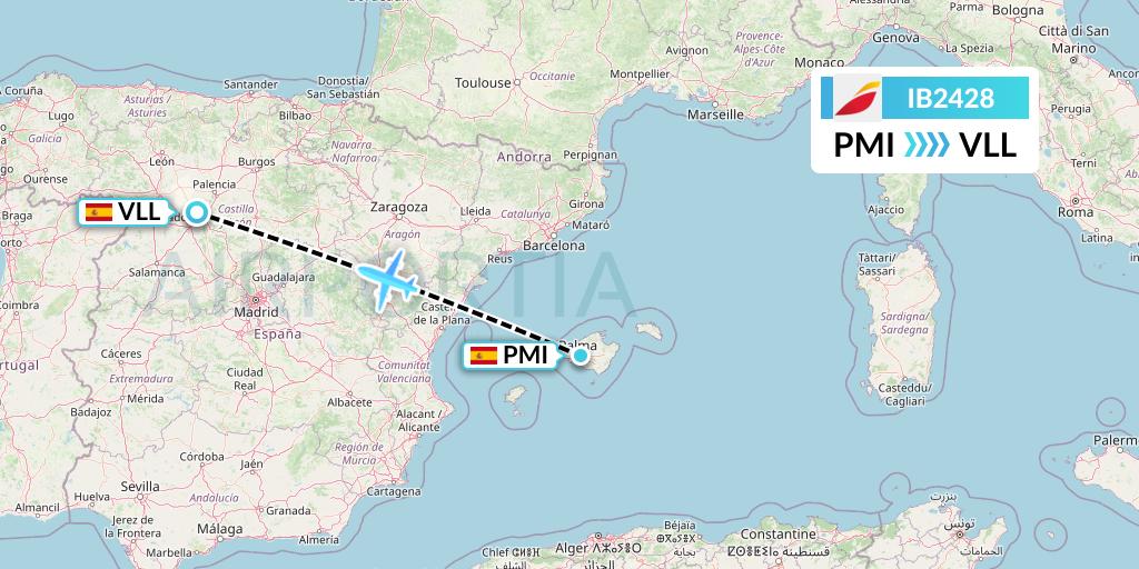 IB2428 Iberia Flight Map: Palma de Mallorca to Valladolid
