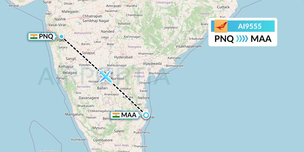 AI9555 Air India Flight Map: Pune to Chennai