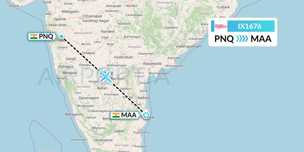 IX1676 Air India Express Flight Map: Pune to Chennai