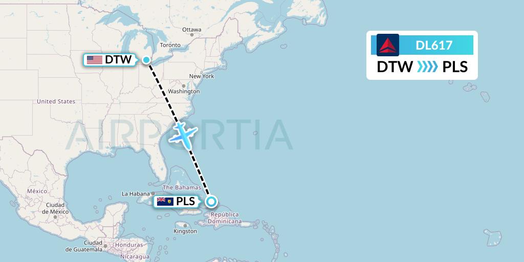 DL617 Delta Air Lines Flight Map: Detroit to Providenciales