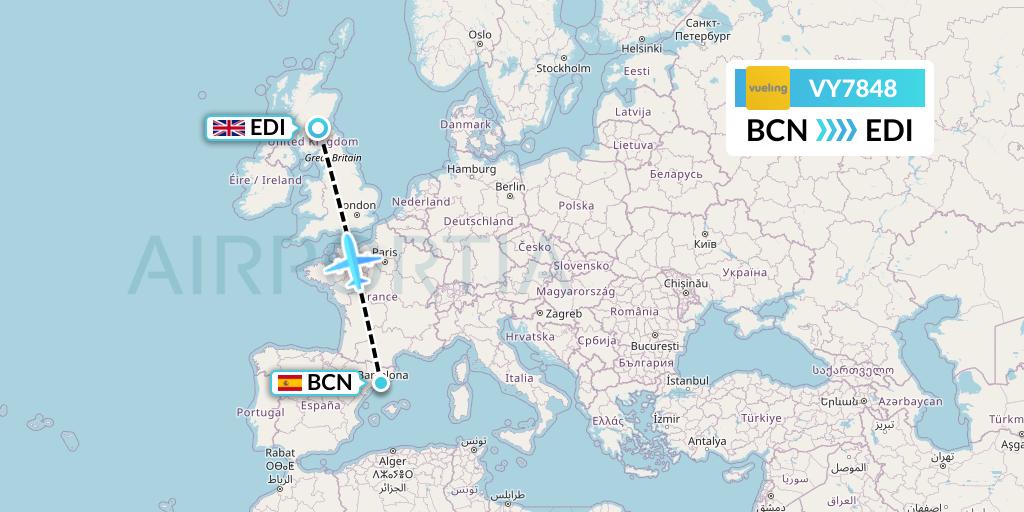 VY7848 Vueling Flight Map: Barcelona to Edinburgh