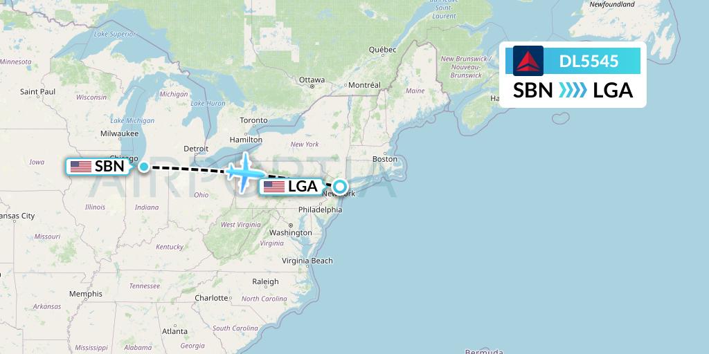 DL5545 Delta Air Lines Flight Map: South Bend to New York