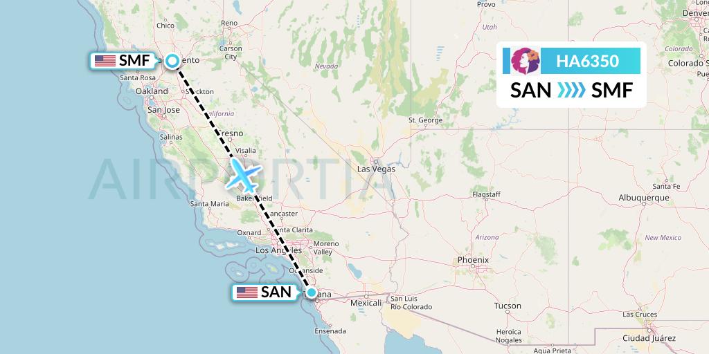 HA6350 Hawaiian Airlines Flight Map: San Diego to Sacramento
