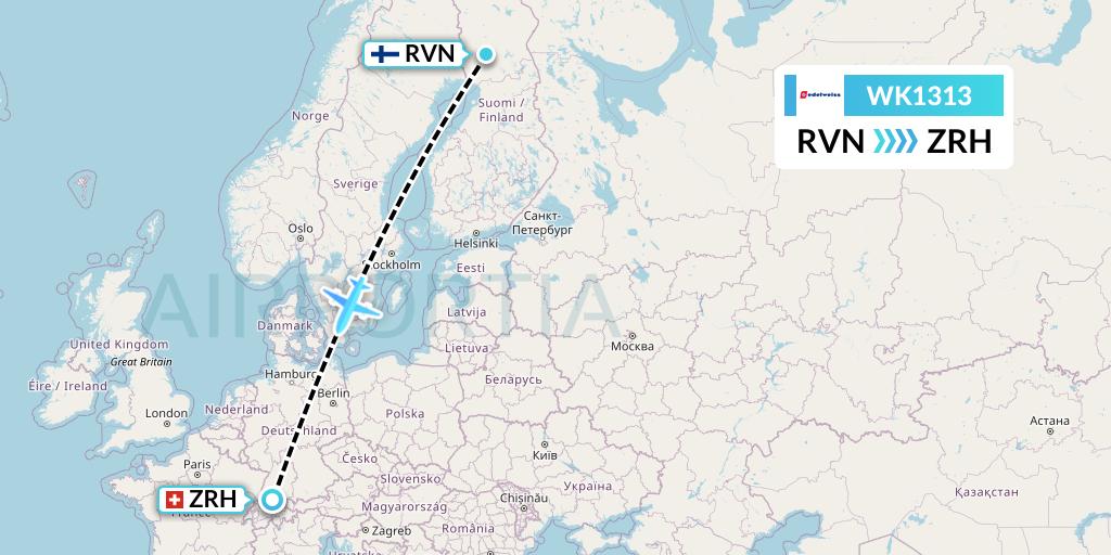 WK1313 Edelweiss Air Flight Map: Rovaniemi to Zurich