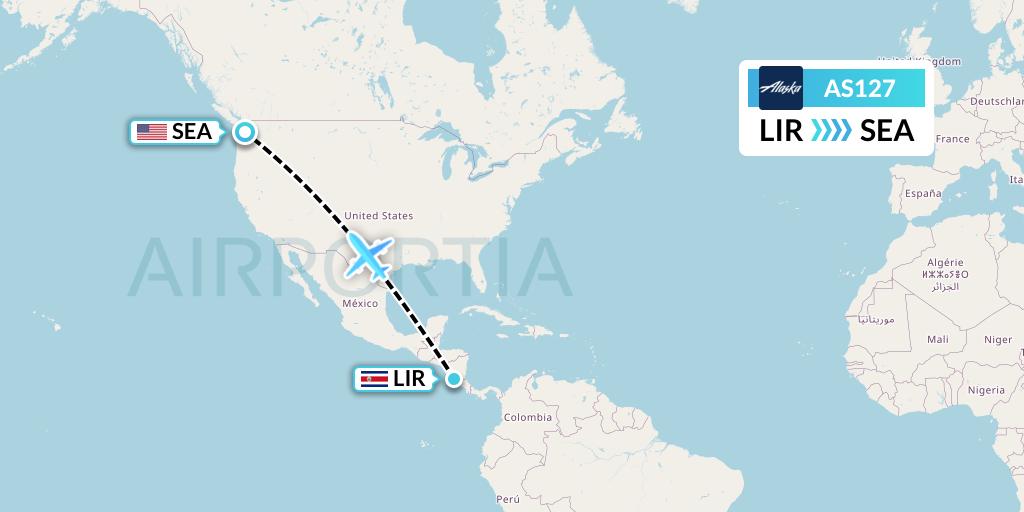 AS127 Alaska Airlines Flight Map: Liberia to Seattle