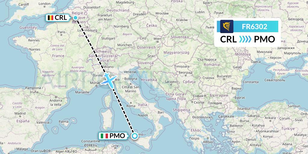 FR6302 Ryanair Flight Map: Brussels to Palermo