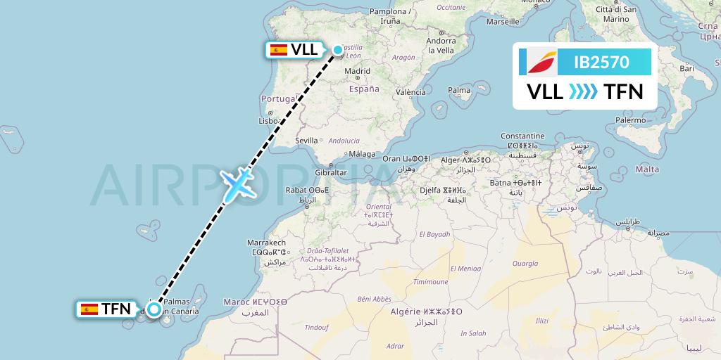 IB2570 Iberia Flight Map: Valladolid to Tenerife