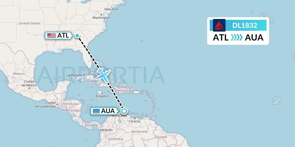 DL1832 Delta Air Lines Flight Map: Atlanta to Oranjestad