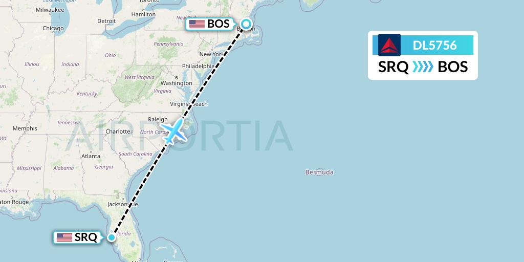 DL5756 Delta Air Lines Flight Map: Sarasota to Boston