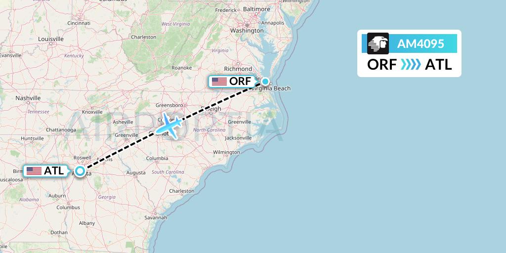 AM4095 Aeromexico Flight Map: Norfolk to Atlanta