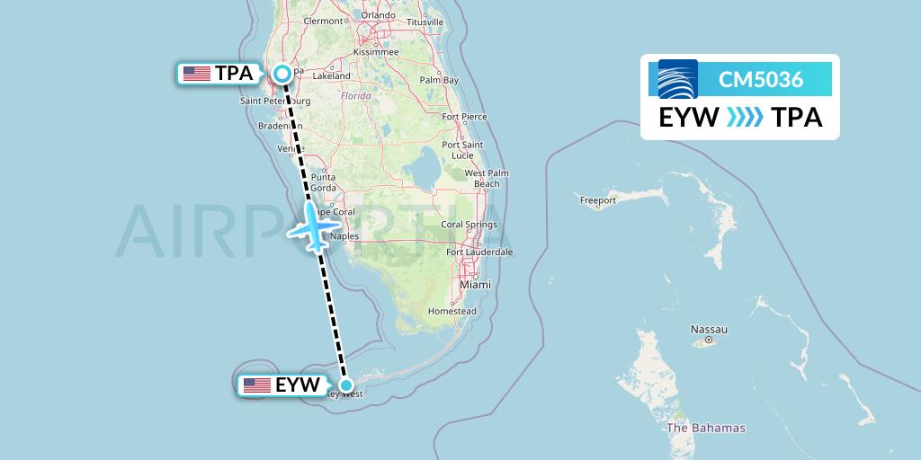 CM5036 Copa Airlines Flight Map: Key West to Tampa
