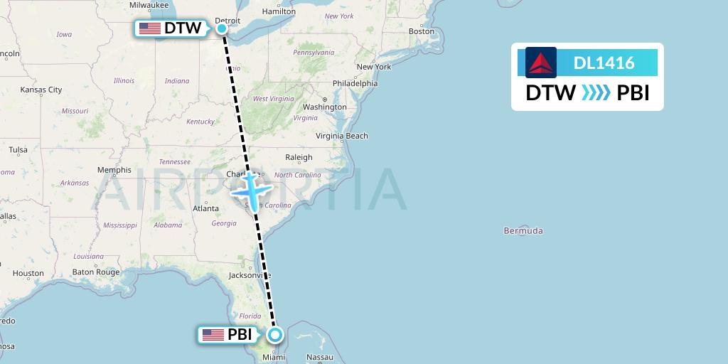 DL1416 Delta Air Lines Flight Map: Detroit to West Palm Beach