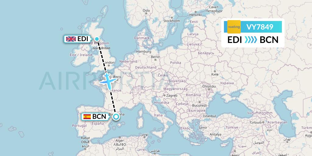 VY7849 Vueling Flight Map: Edinburgh to Barcelona