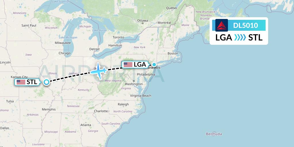 DL5010 Delta Air Lines Flight Map: New York to St. Louis
