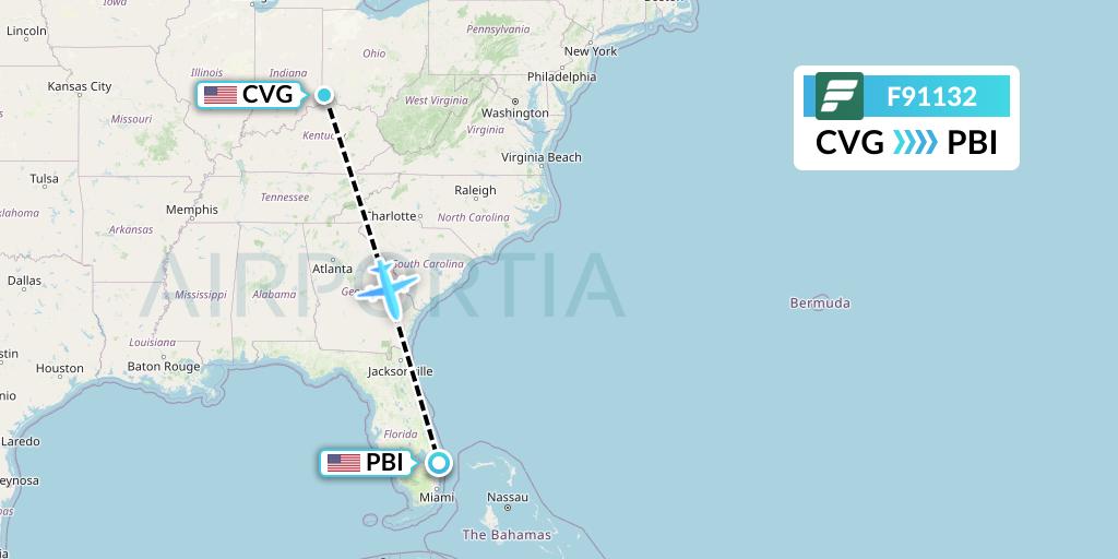 F91132 Frontier Airlines Flight Map: Cincinnati to West Palm Beach