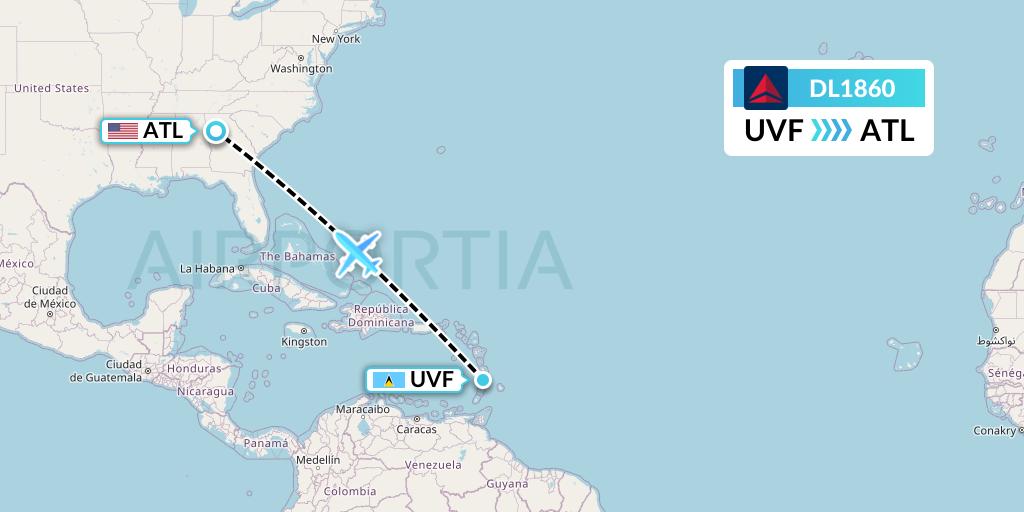 DL1860 Delta Air Lines Flight Map: Vieux Fort to Atlanta