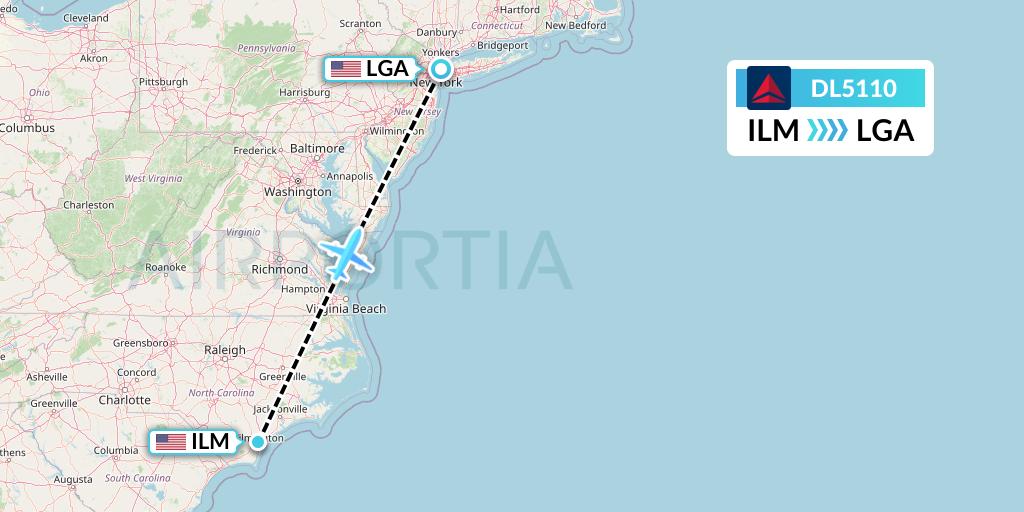 DL5110 Delta Air Lines Flight Map: Wilmington to New York